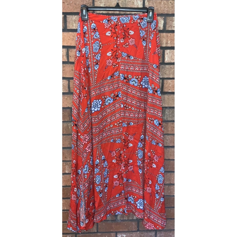 Jaase Red Floral Patchwork Maxi Skirt Boho High Waist Side Slit Flowy Size S